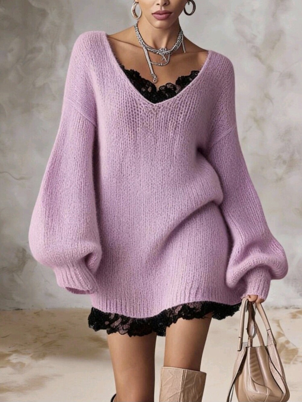 Women's Knit Top, Pink Mid-Length Top, Puff Sleeves, Black Lace Trim On Hem